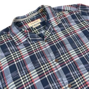 TOMMY BAHAMA Silk Camp Collar Plaid Shirt XL Original Fit Navy Blue